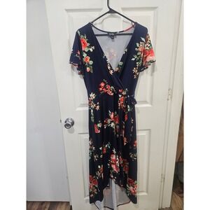 By & By Navy Floral Faux Wrap High Low Midi Dress XL Short Sleeve V-Neck